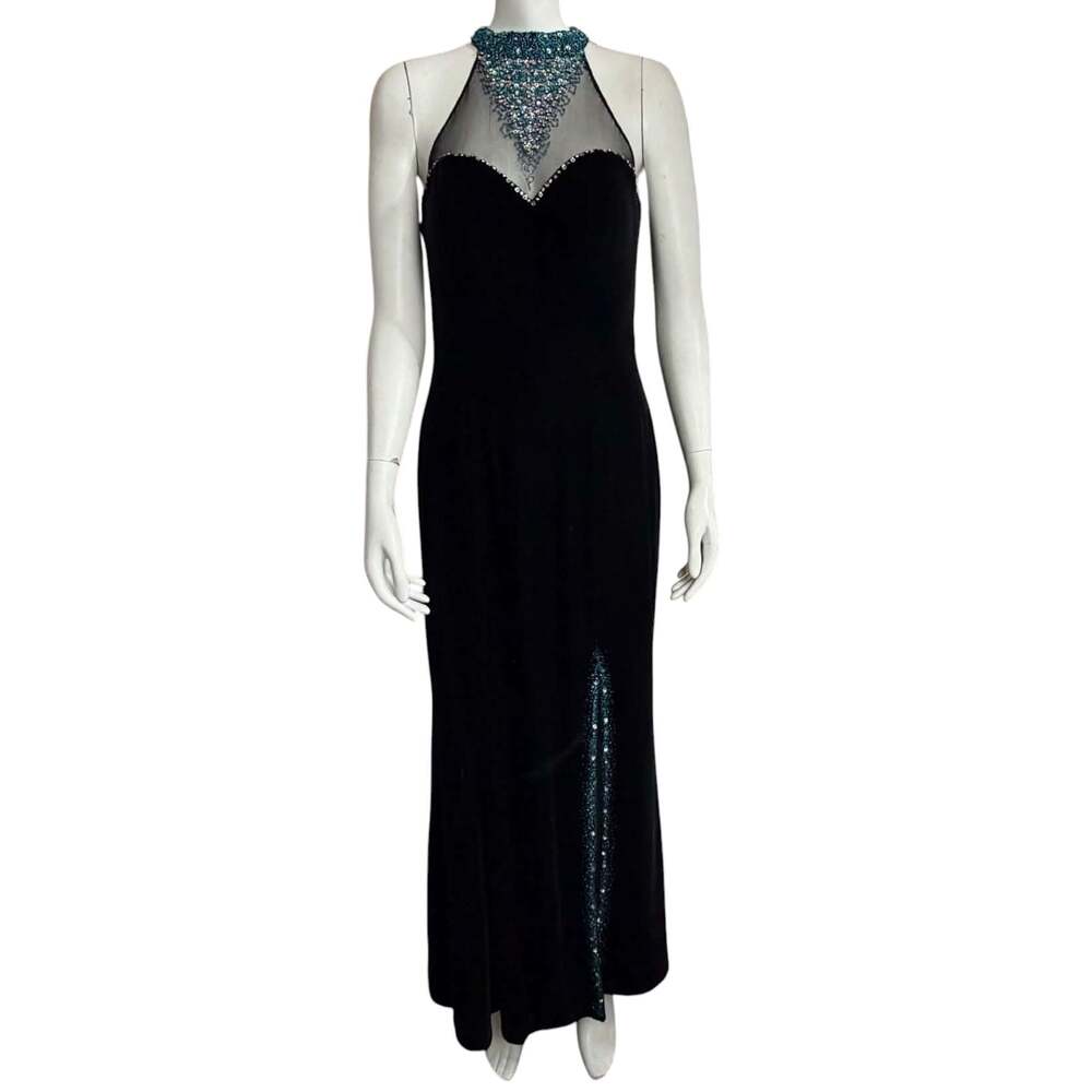 Vintage Black Velvet Evening Gown with Beaded High Neck and Mesh Detailing